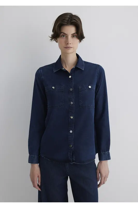 Betty Gold Klassik Murakkab Moviy Jean Ko'ylak Fitted - 5