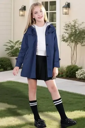 Betusline Girl's Single Breasted Trench Coat Hooded Dress Coat Outerwear, 2-14 Years - 2