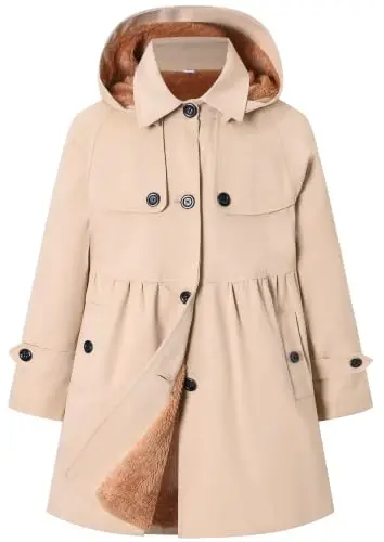 Betusline Girl's Single Breasted Trench Coat Hooded Dress Coat Outerwear, 2-14 Years - BETUSLINE