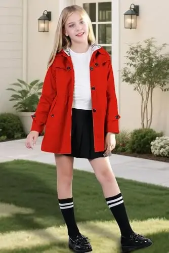Betusline Girl's Single Breasted Trench Coat Hooded Dress Coat Outerwear, 2-14 Years - BETUSLINE (1)