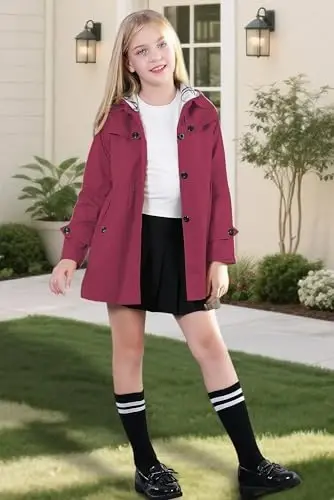 Betusline Girl's Single Breasted Trench Coat Hooded Dress Coat Outerwear, 2-14 Years - 2