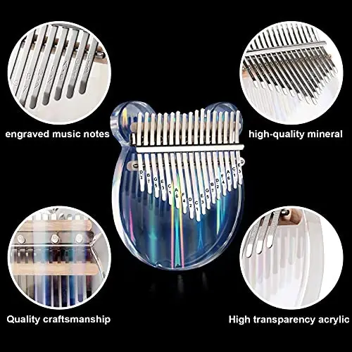 Beveetio Clear Kalimba Thumb Piano Eva himoyaviy qutisi bilan, Transparent Crystal Kalimba 17 kalitli, Bolalar uchun musiqiy sovg'alar, Ayıq shaklidagi barmoq pianino, Akril Mbira - 5