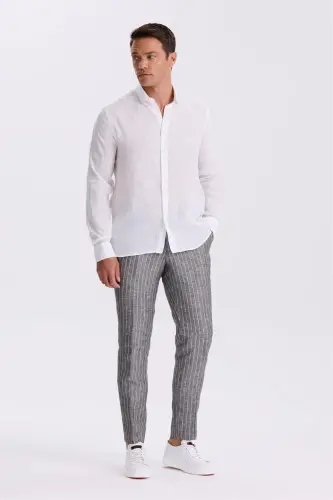 Beyaz %100 Keten Düğmeli Yaka Comfort Fit Gömlek - 2