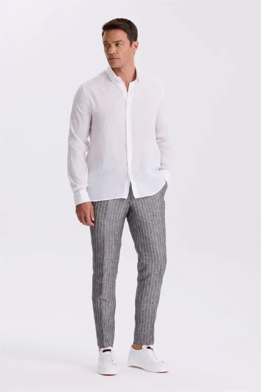 Beyaz %100 Keten Düğmeli Yaka Comfort Fit Gömlek - 2