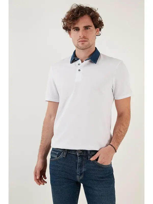 Beyaz %100 Pamuk Düğmeli Regular Fit Polo Tişört 5902134-Beyaz - 3