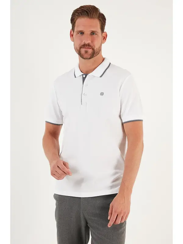 Beyaz %100 Pamuk Düğmeli Slim Fit Polo Tişört 5902118-Beyaz - 3