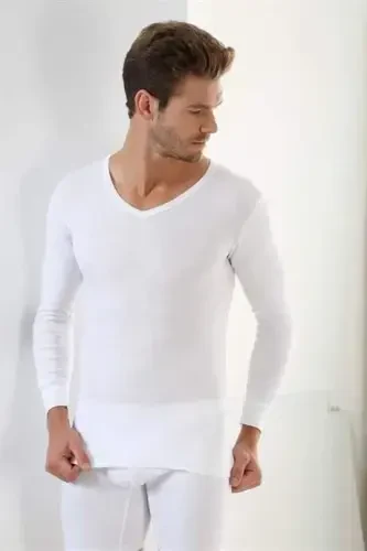 Beyaz 2'li Paket Erkek Badi Uzun Kollu T-Shirt V Yaka Basic %100 Pamuk Ribana - 4