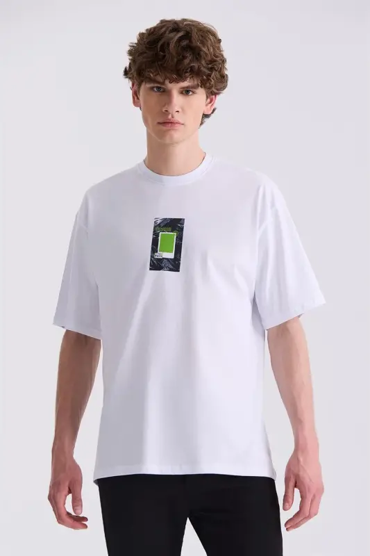 Beyaz Baskılı Bisiklet Yaka T-Shirt - 1