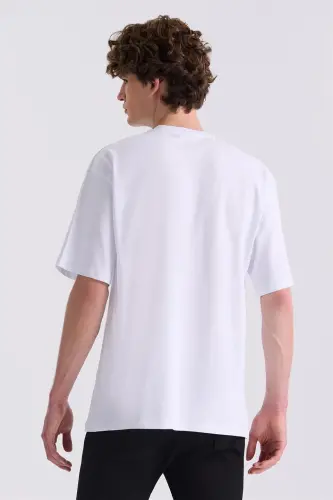 Beyaz Baskılı Bisiklet Yaka T-Shirt - 4