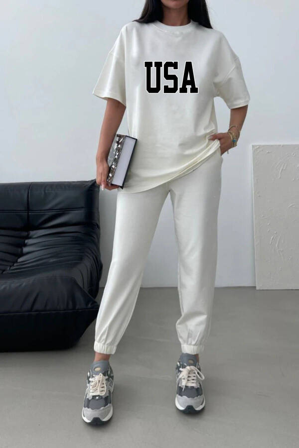 Usa T-shirt Eşofman Altı Jogger-Beyaz Baskılı Alt Üst Eşofman Takım Oversize Bisiklet Yaka-FBEYAZ - 2