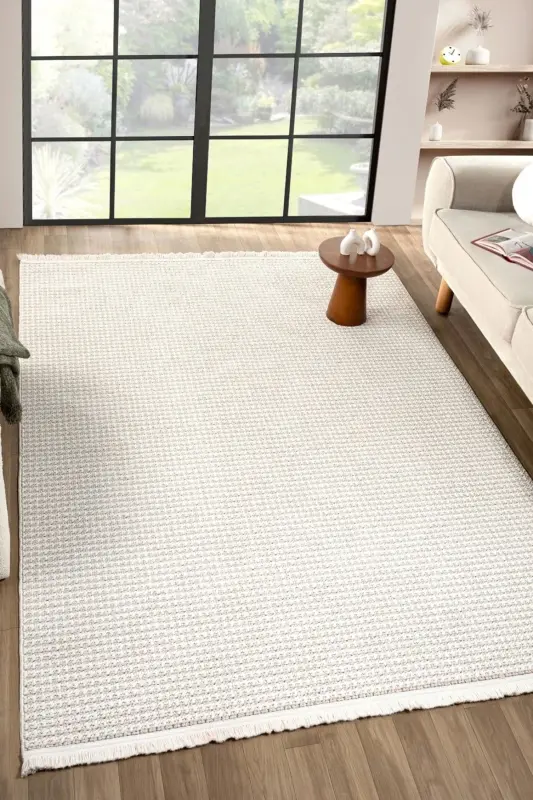 Beyaz Bej Yumuşak Dokulu Halı Kilim Salon Mutfak Koridor Yolluk Dokuma Makine Halısı 006 - Beyaz 4 - 2