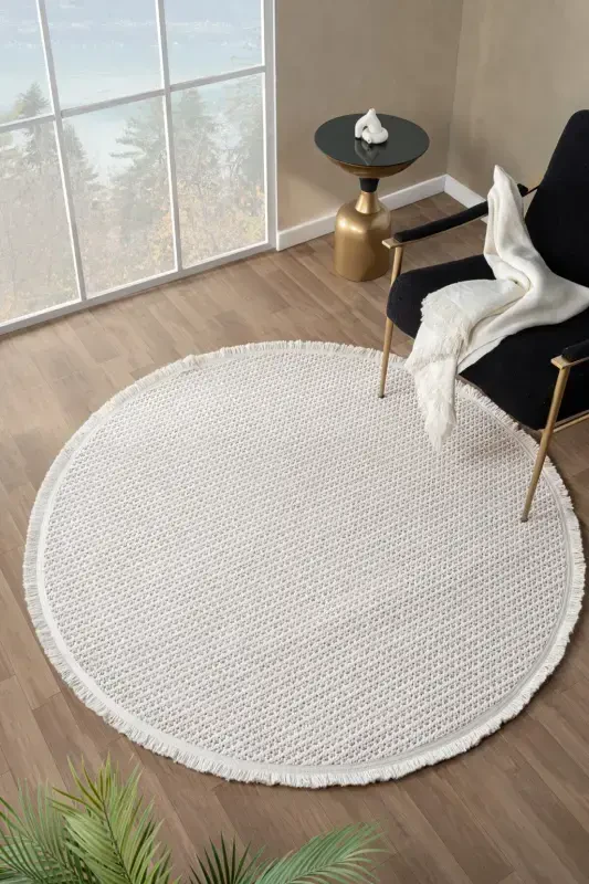 Beyaz Bej Yumuşak Dokulu Yuvarlak Halı Kilim Mutfak Koridor Yolluk Dokuma Makine Halısı 006 DAİRE-Beyaz 5 - 1