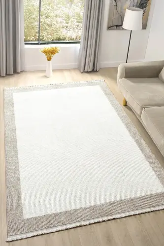 Beyaz Bej Yumuşak Yapılı Bordürlü Dokuma Halı Salon Mutfak Koridor Yolluk Dokuma Makine Halısı OO21 - Beyaz 987 - 9