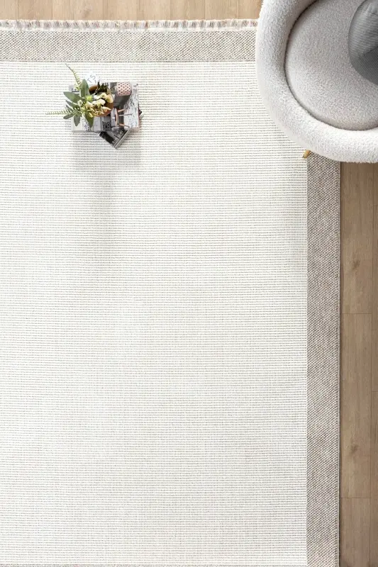 Beyaz Bej Yumuşak Yapılı Bordürlü Dokuma Halı Salon Mutfak Koridor Yolluk Dokuma Makine Halısı OO21-Beyaz 987 - 1