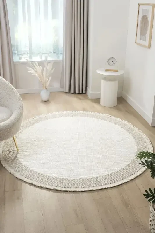 Beyaz Bej Yumuşak Yuvarlak Daire Halı Salon Mutfak Koridor Yolluk Dokuma Makine Halısı 0021 DAİRE-Beyaz 47 - 3