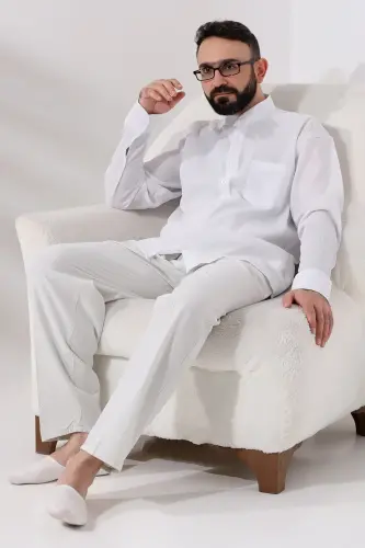 Beyaz Çınar Erkek Rahat Kesim Hakim Yaka Şile Bezi Hac Ve Umre Gömlek - Beyaz - 6