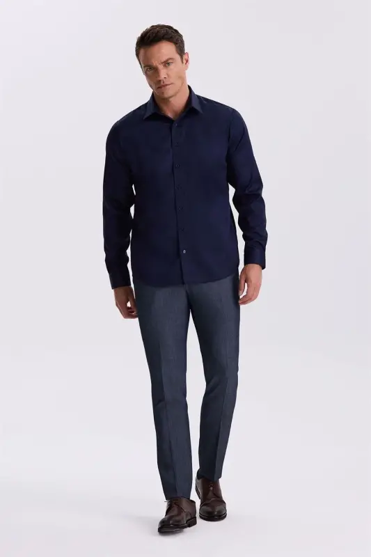 Lacivert Comfort %100 Pamuk Fit Ütü Gerektirmeyen Non İron Gömlek - 2