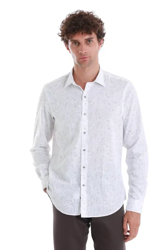 Beyaz Comfort Fit Baskılı Slim Yaka Uzun Kollu Spor Gömlek-Beyaz01 - 1