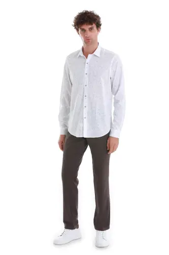 Beyaz Comfort Fit Baskılı Slim Yaka Uzun Kollu Spor Gömlek-Beyaz01 - 2