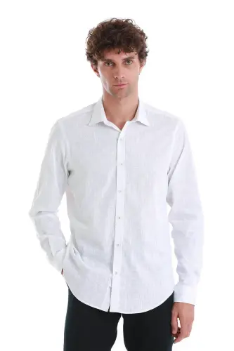 Beyaz Comfort Fit Baskılı Slim Yaka Uzun Kollu Spor Gömlek-Beyaz - 1
