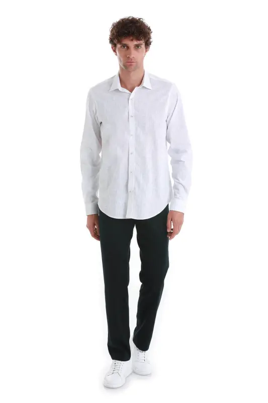 Beyaz Comfort Fit Baskılı Slim Yaka Uzun Kollu Spor Gömlek-Beyaz - 2
