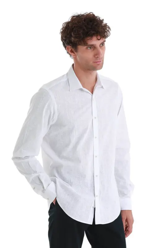 Beyaz Comfort Fit Baskılı Slim Yaka Uzun Kollu Spor Gömlek-Beyaz - 3