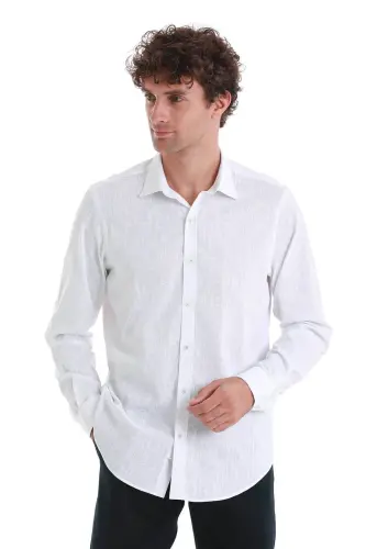 Beyaz Comfort Fit Baskılı Slim Yaka Uzun Kollu Spor Gömlek-Beyaz - 4