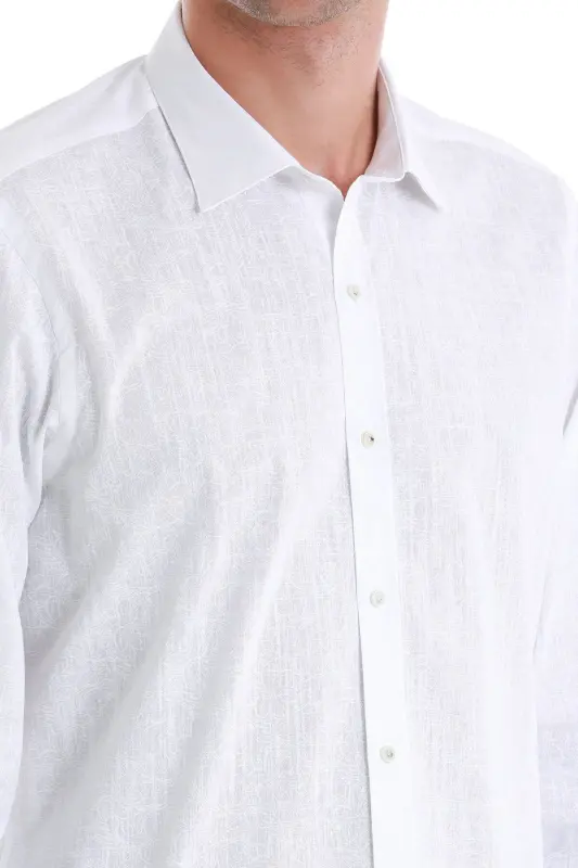 Beyaz Comfort Fit Baskılı Slim Yaka Uzun Kollu Spor Gömlek-Beyaz - 5