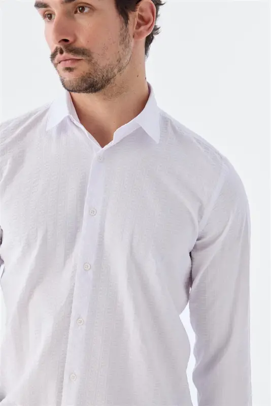 Beyaz Comfort Fit Desenli Esnek Kumaş Pamuklu Spor Gömlek - 2