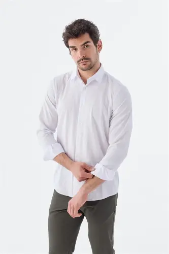 Beyaz Comfort Fit Desenli Esnek Kumaş Pamuklu Spor Gömlek - 3