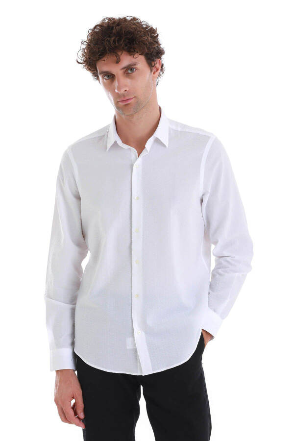 Beyaz Comfort Fit Düz %100 Pamuk Slim Fit Yaka Uzun Kollu Spor Gömlek - 1