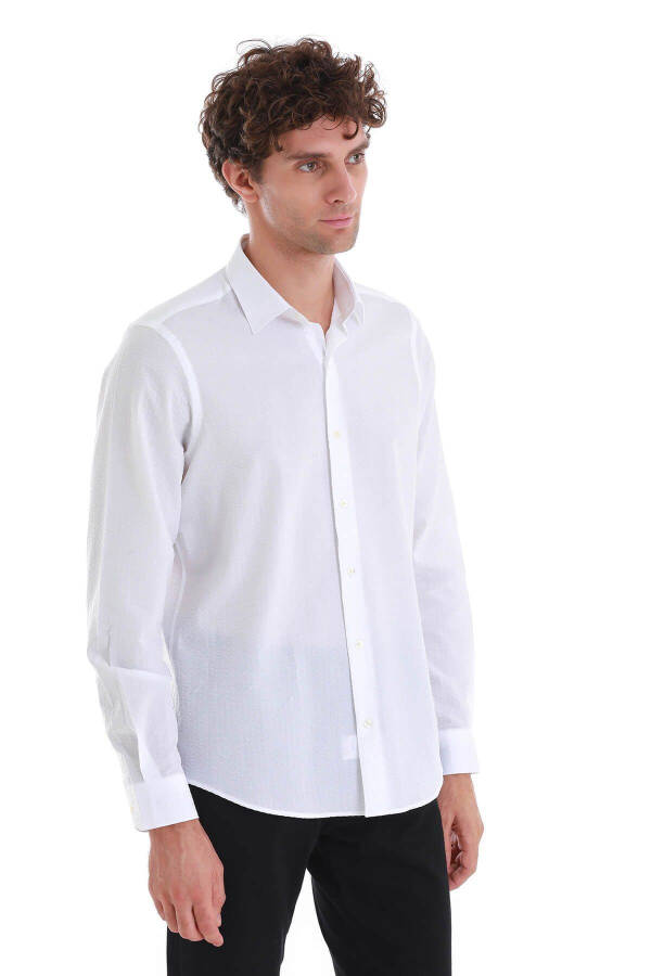 Beyaz Comfort Fit Düz %100 Pamuk Slim Fit Yaka Uzun Kollu Spor Gömlek - 3
