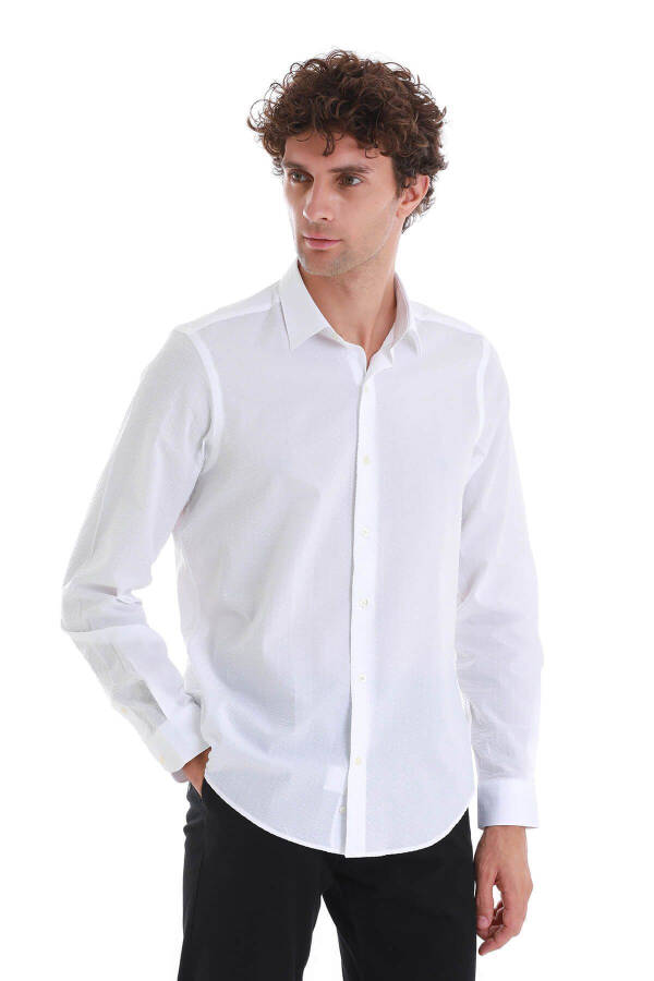 Beyaz Comfort Fit Düz %100 Pamuk Slim Fit Yaka Uzun Kollu Spor Gömlek - 4