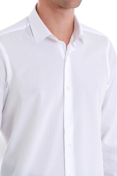 Beyaz Comfort Fit Düz %100 Pamuk Slim Fit Yaka Uzun Kollu Spor Gömlek - 5