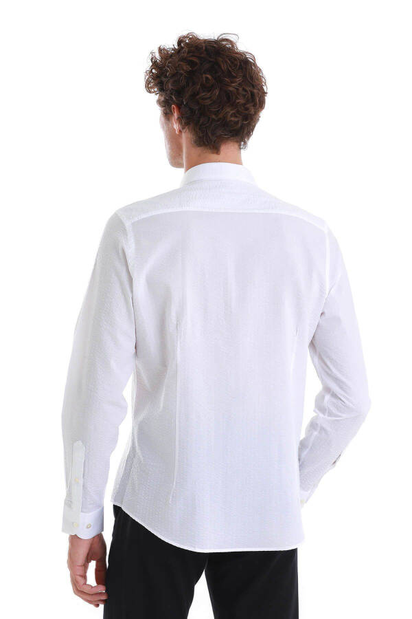 Beyaz Comfort Fit Düz %100 Pamuk Slim Fit Yaka Uzun Kollu Spor Gömlek - 6