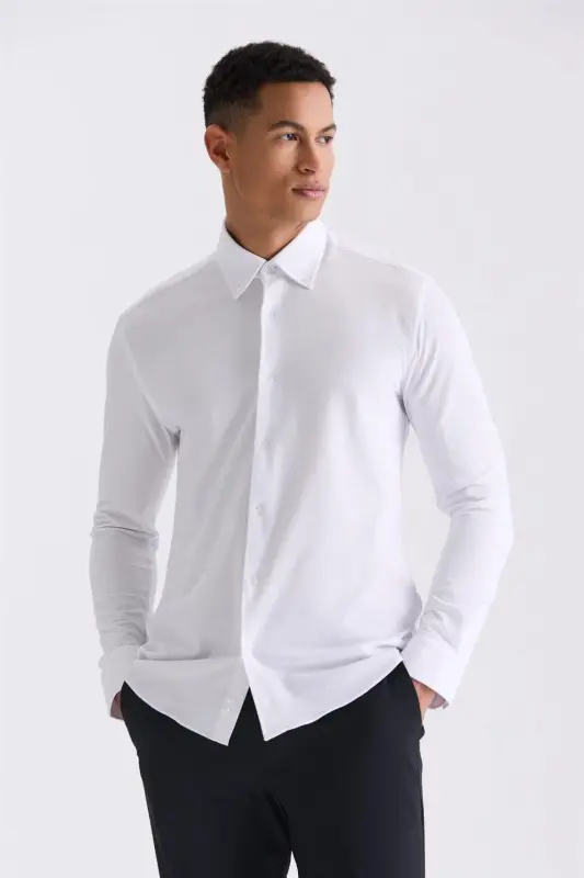 Beyaz Comfort Fit Yaka Düğmeli Gömlek - 1