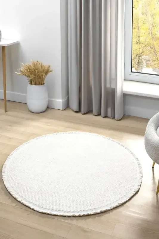 Beyaz Daire Yuvarlak Saçaklı Modern Dokuma Halı BEYAZ DAİRE-Beyaz 3 - 3