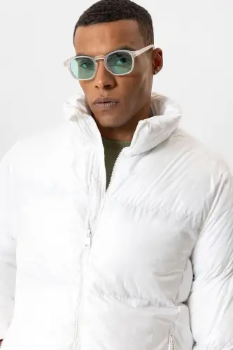 Beyaz Dik Yaka Kauçuk Şişme Mont-Beyaz - 5