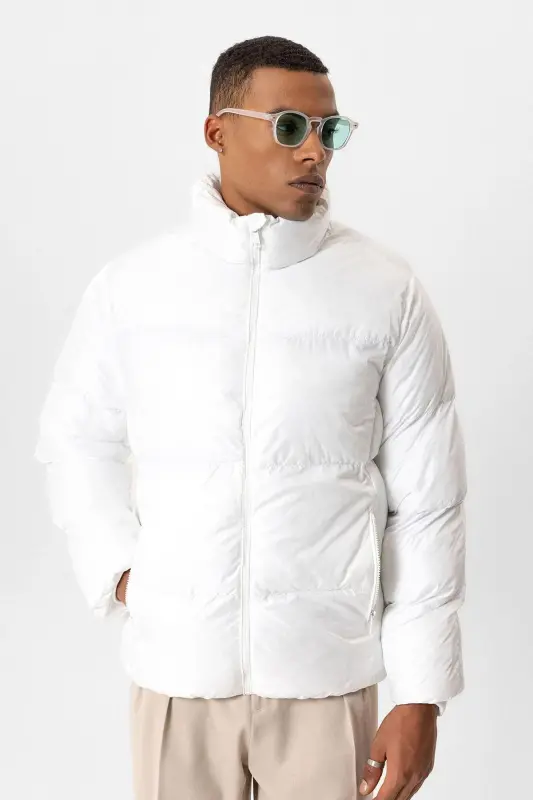 Beyaz Dik Yaka Kauçuk Şişme Mont-Beyaz - 3