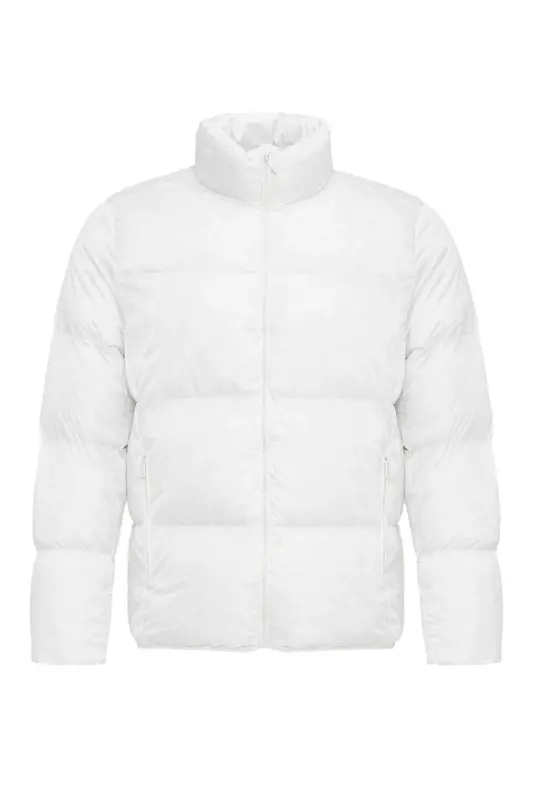 Beyaz Dik Yaka Kauçuk Şişme Mont-Beyaz - 7