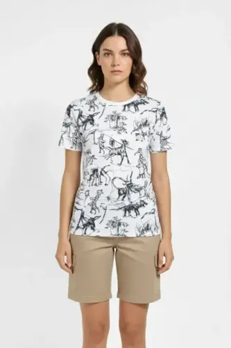Beyaz Dinozor Desenli Tişört – Regular Kalıp, Bisiklet Yaka, Dijital Baskılı Pamuklu T-Shirt - Beyaz - 2