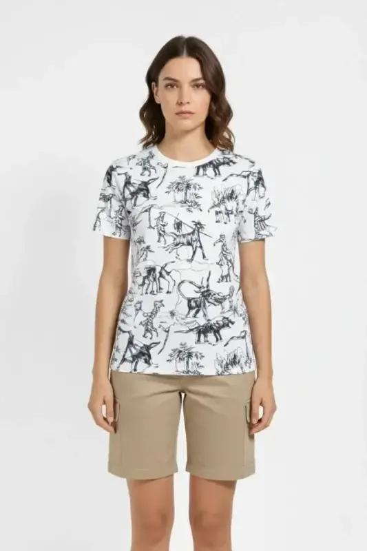 Beyaz Dinozor Desenli Tişört – Regular Kalıp, Bisiklet Yaka, Dijital Baskılı Pamuklu T-Shirt - Beyaz - 2
