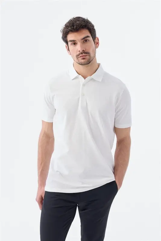 Beyaz Düğme Detaylı Slim Fit Polo Yaka T-Shirt - 1