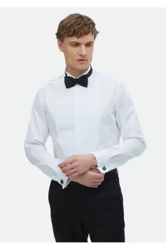 Beyaz Düz Regular Fit Duble Manşet Ata Yaka Smokin Gömlek - 3