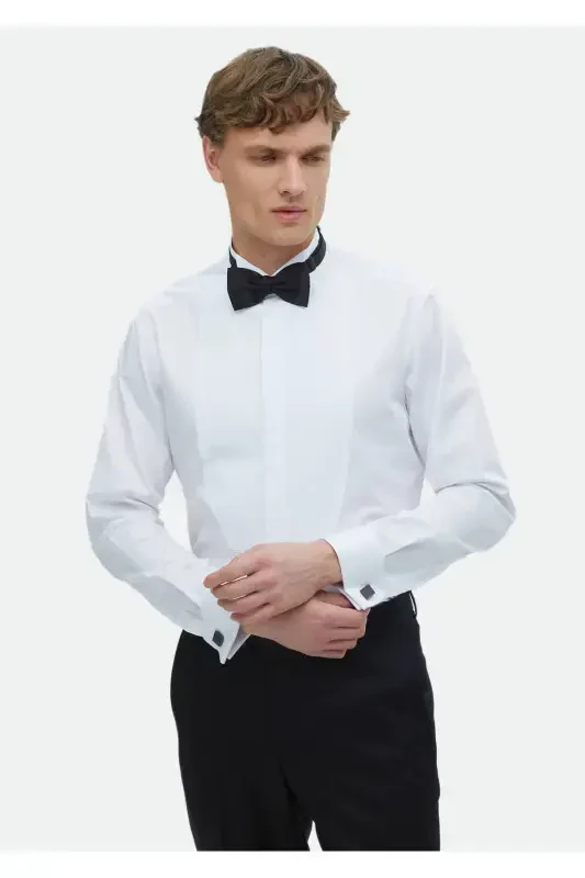 Beyaz Düz Regular Fit Duble Manşet Ata Yaka Smokin Gömlek - 3