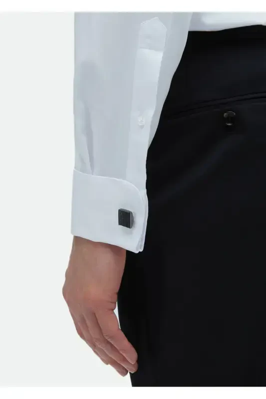 Beyaz Düz Regular Fit Duble Manşet Ata Yaka Smokin Gömlek - 5