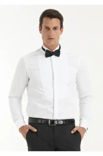 Beyaz Düz Regular Fit Duble Manşet Ata Yaka Smokin Gömlek - 1