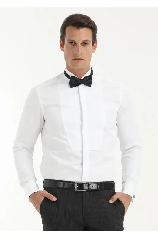 Beyaz Düz Regular Fit Duble Manşet Ata Yaka Smokin Gömlek - 1