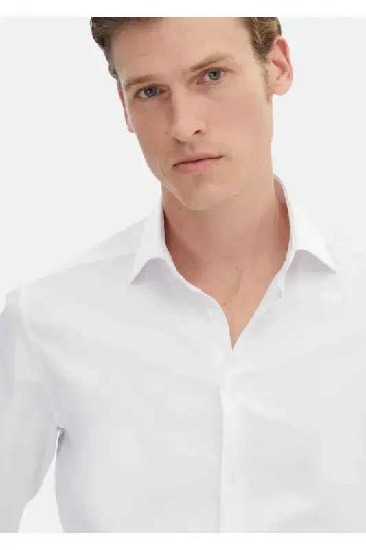 Beyaz Düz Slim Fit Dokuma Klasik %100 Pamuk Gömlek - 3