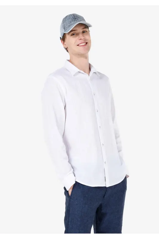 Comfort Fit Shirt Neck Düz Erkek Beyaz Düğmeli Uzun Kol Gömlek - BEYAZ - 1